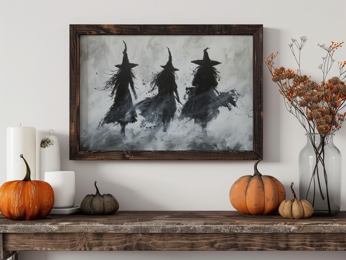 Three Witches Silhouette Misty Black White Spooky Witchy Halloween Art Poster - Image 3