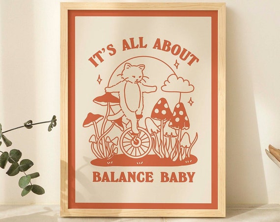 Balance Cat Print, Retro Cottagecore Poster