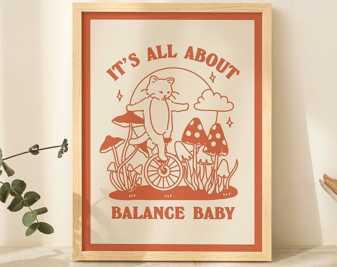 Balance Cat Print, Retro Cottagecore Poster
