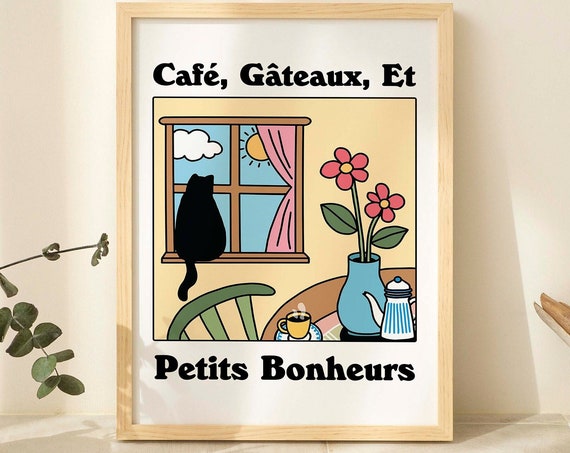 French Cafe Chat Noir Retro Cat Poster, Bistro Decor