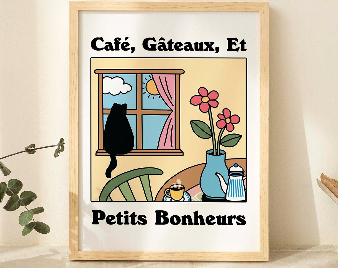 French Cafe Chat Noir Retro Cat Poster, Bistro Decor