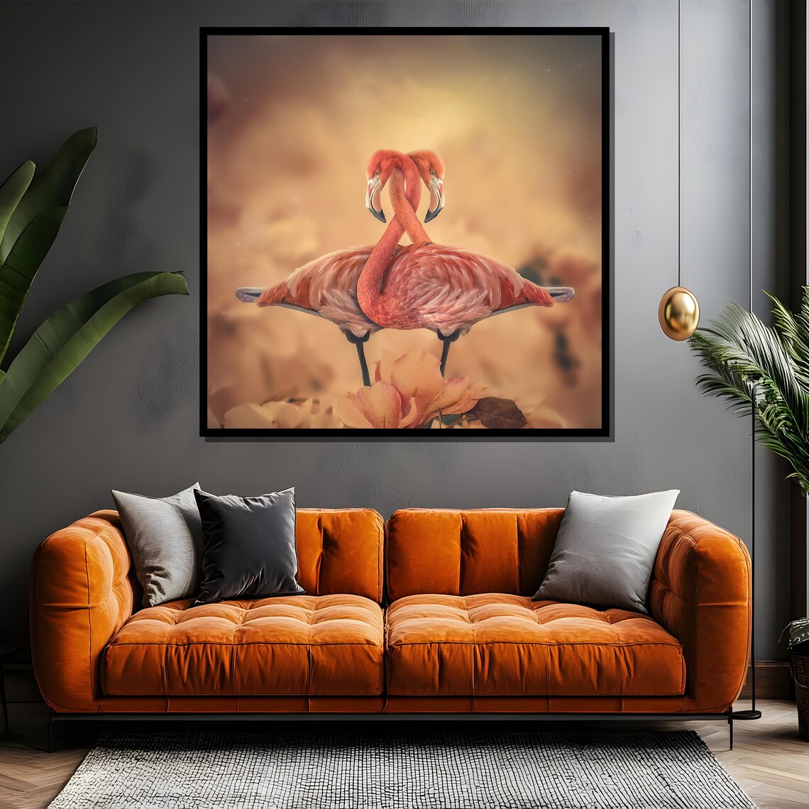 Two Flamingos with Necks Forming a Heart Romantic Painting Poster - Image 4