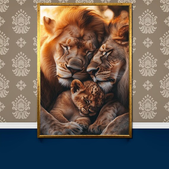 Sleeping Lion Family Cuddled Together In Golden Light Poster