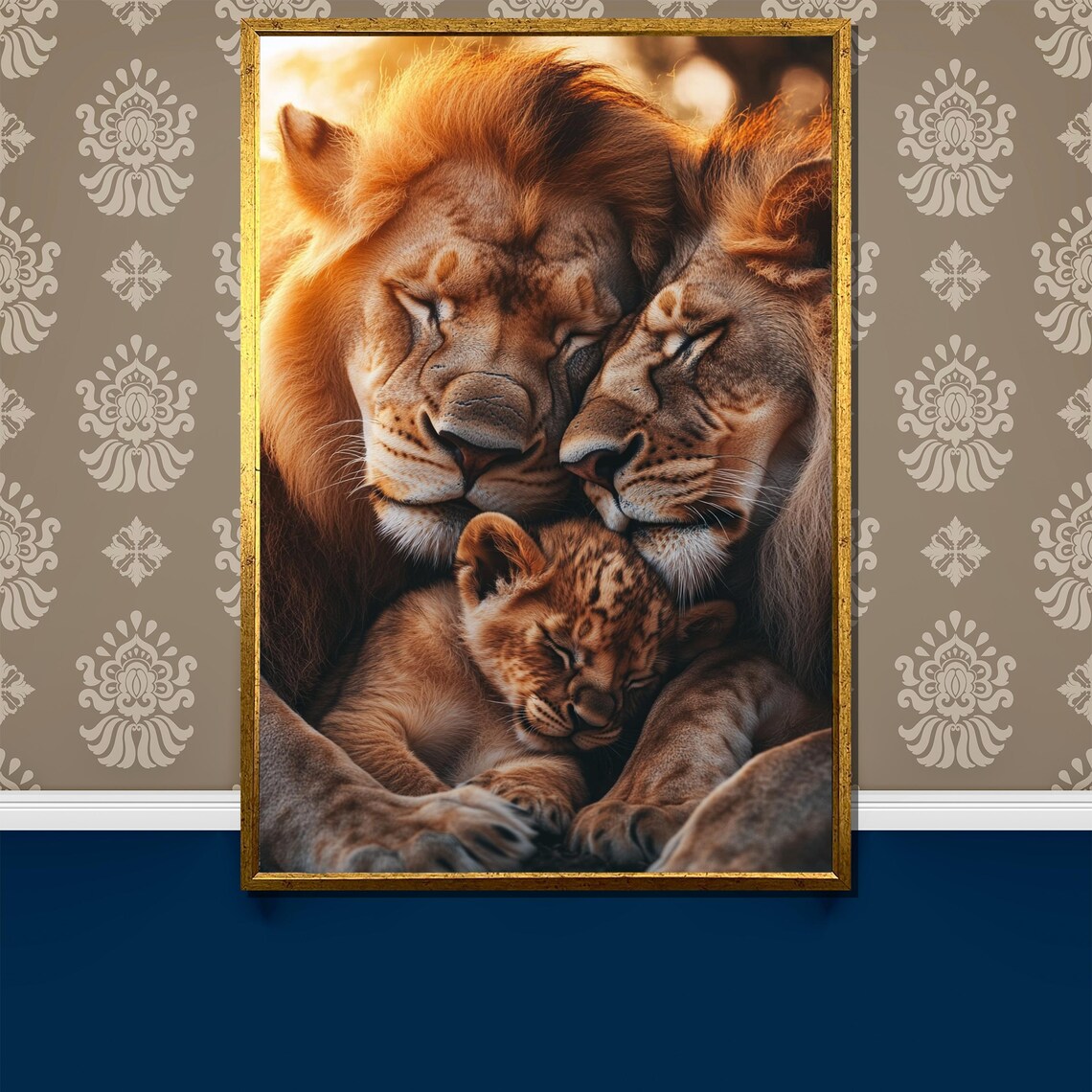 Sleeping Lion Family Cuddled Together In Golden Light Poster