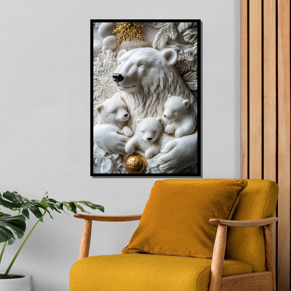 White Polar Bear Family With Gold Accents Sculptural Art Poster - Image 4