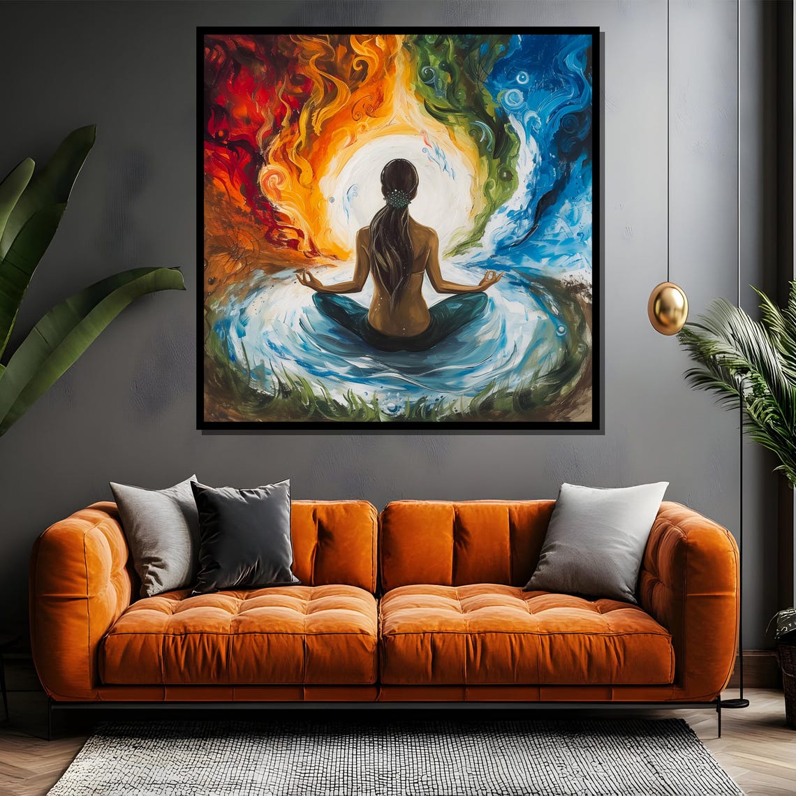 Meditating Woman Among Four Elements Fire and Water Art Poster - Image 4