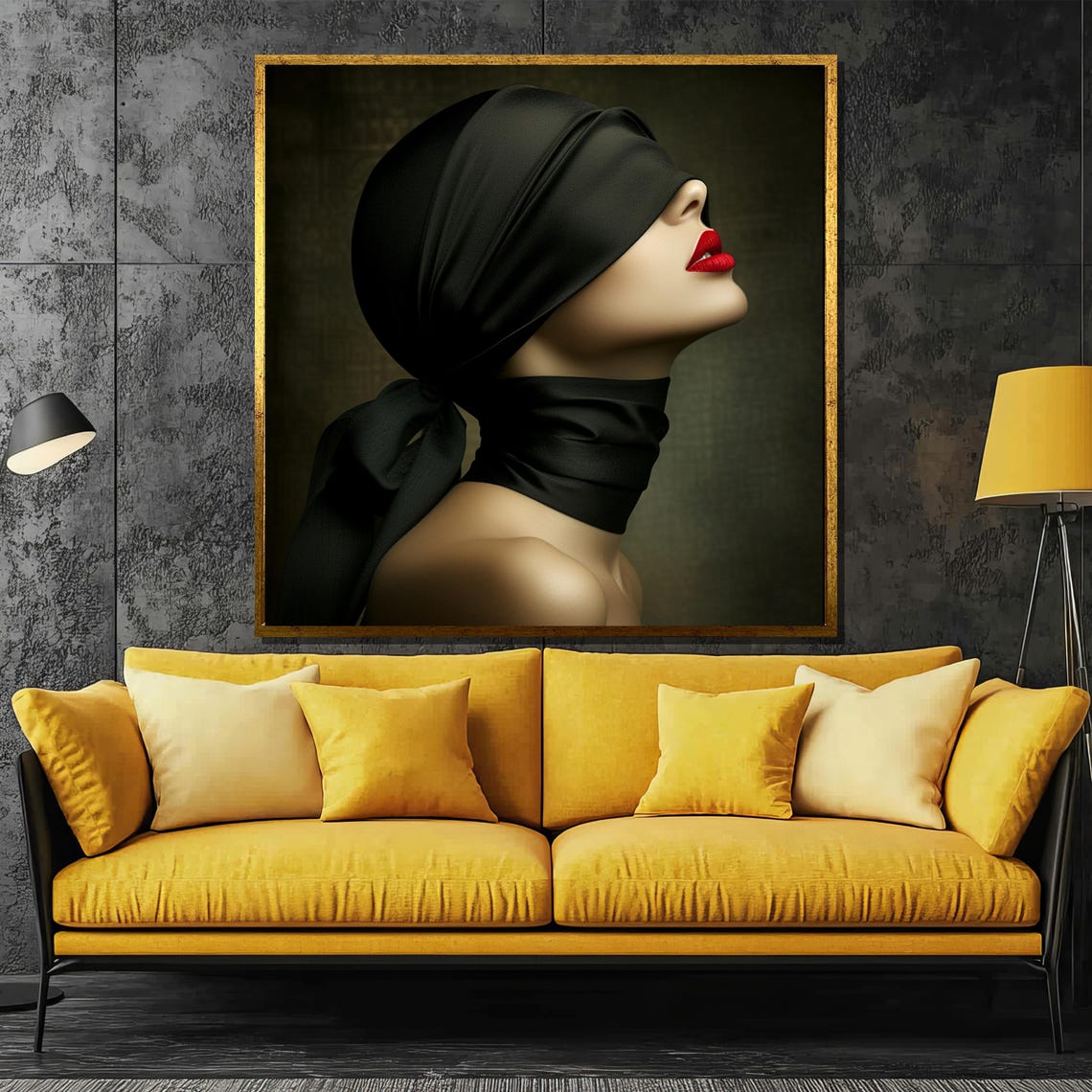 Blindfolded Woman with Black Silk Scarf and Bold Red Lips Poster
