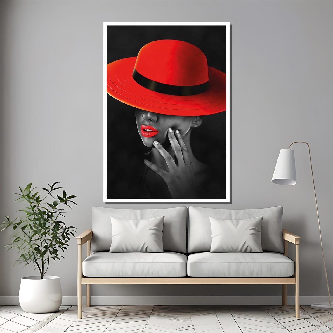 Bold Red Hat Painting Striking Gift For Art Lovers Modern Wall Art Decor With Elegance And Mysterious Charm - Image 2