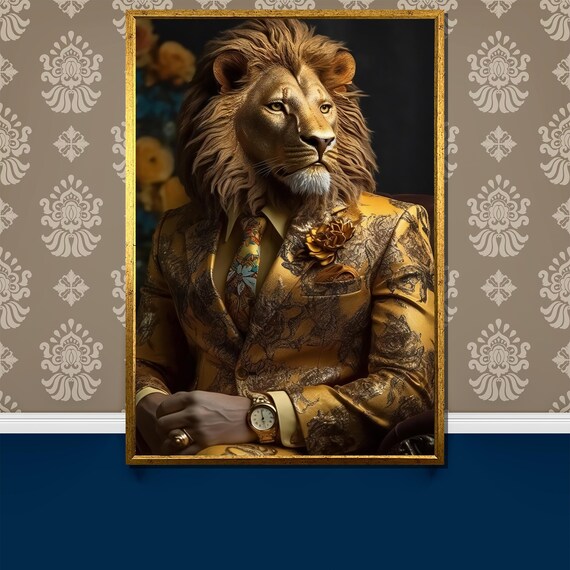Regal Lion in Ornate Gold Suit with Watch Animal Portrait Poster