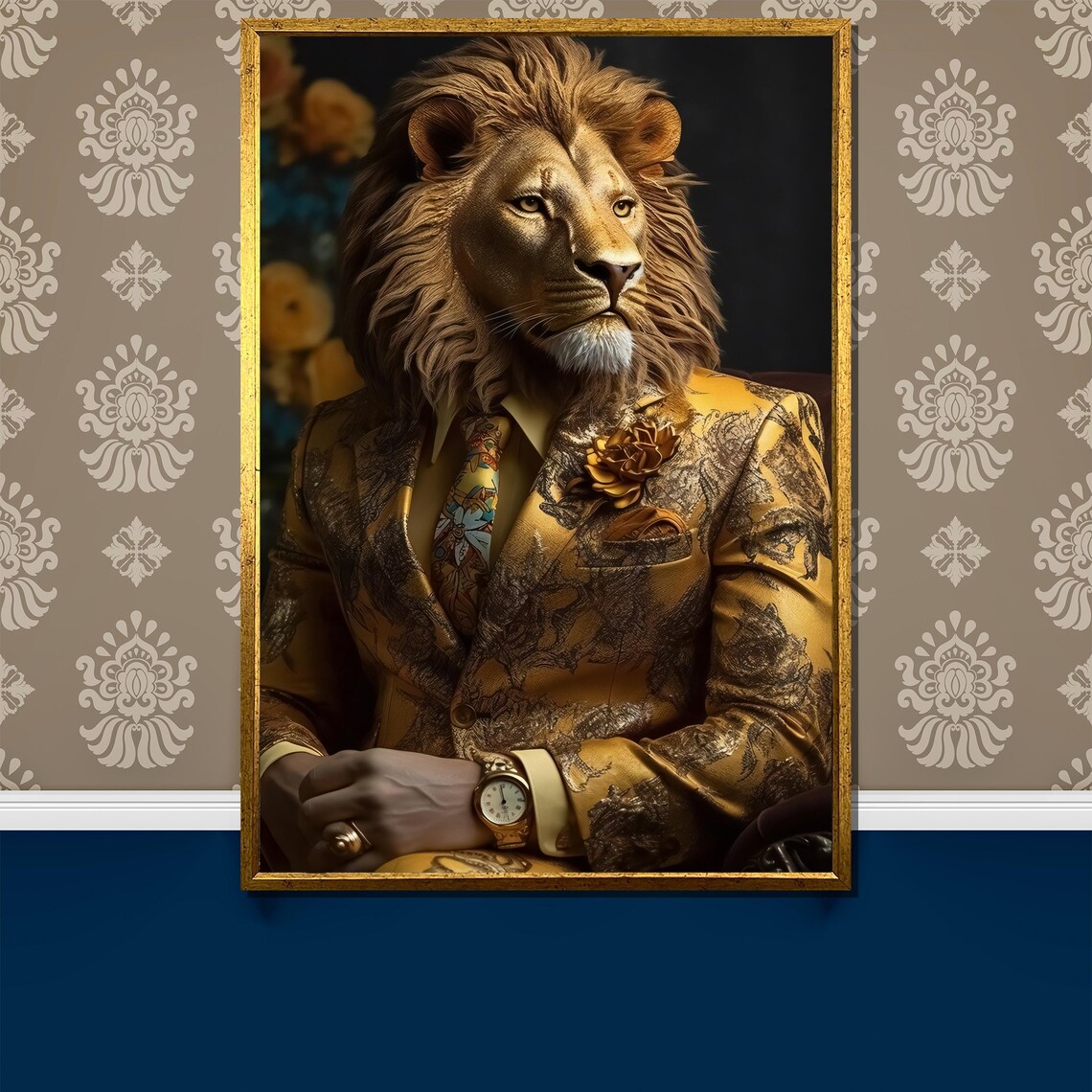 Regal Lion in Ornate Gold Suit with Watch Animal Portrait Poster