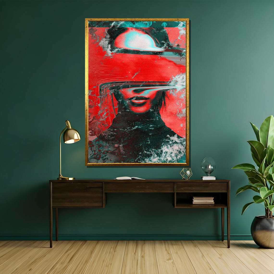 Glitch Red And Teal Futuristic Distorted Digital Portrait Poster - Image 5