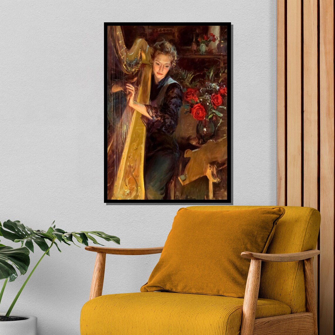 Woman Playing Golden Harp Classical Music Roses Painting Poster - Image 4