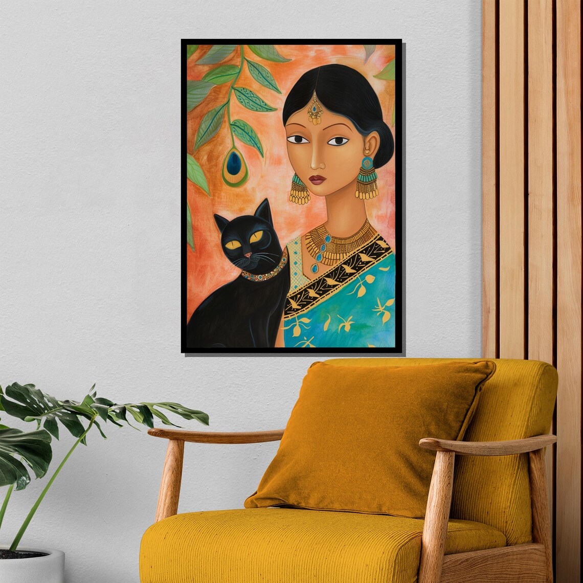 Graceful Indian Woman With Black Cat And Peacock Feather Art Poster - Image 4