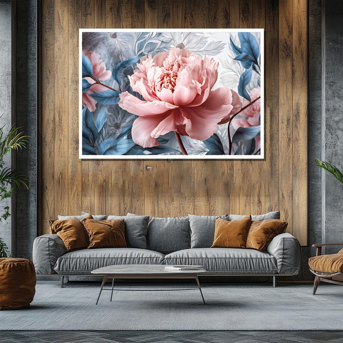 Romantic Pink Peony Pastel Blue Leaves Large Floral Art Poster - Image 2