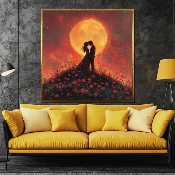 Romantic Sunset Painting Silhouetted Couple Under Moonlight Passionate Love Wall Art Anniversary Gift Dreamy Home Decor