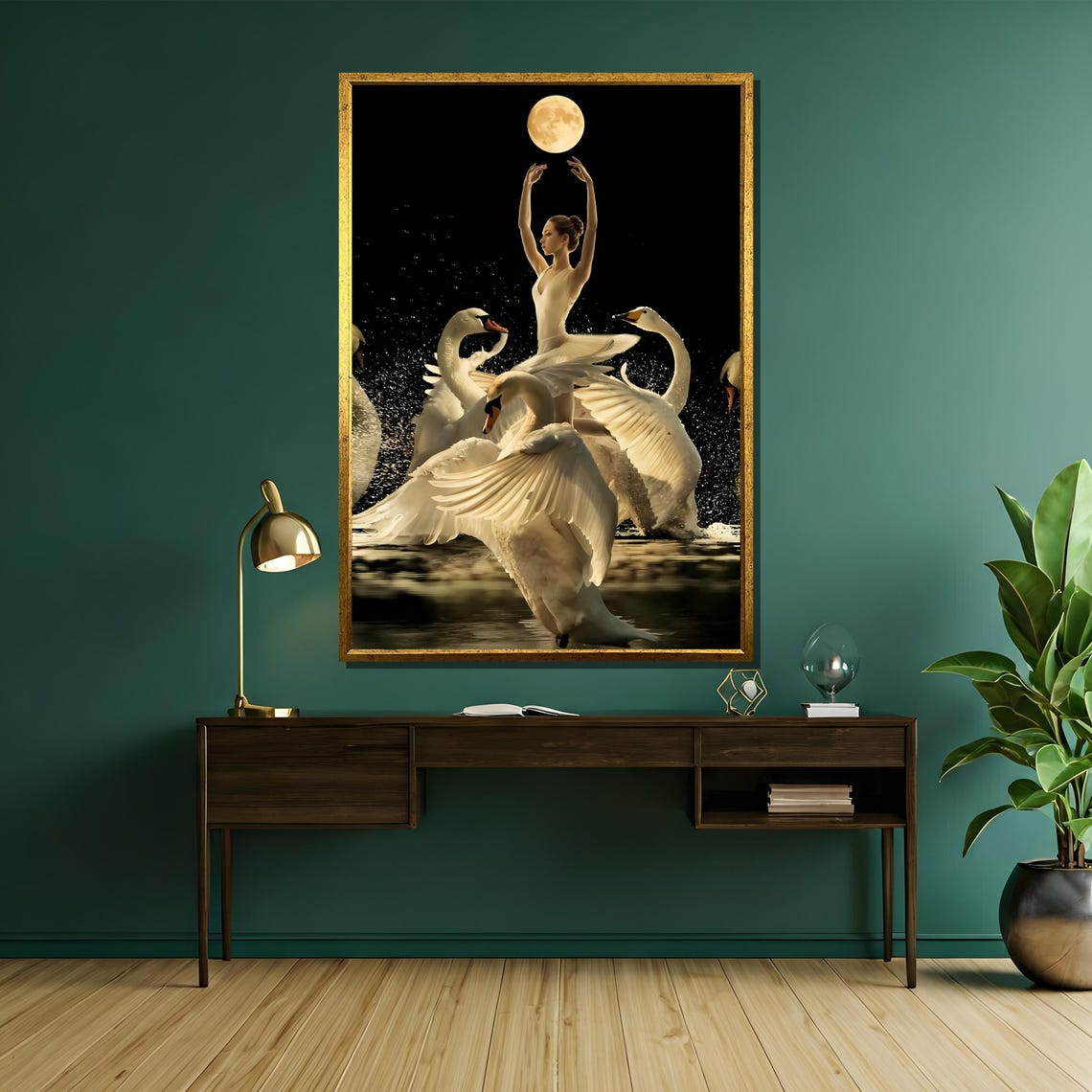 Ballerina Dancing with White Swans Under Full Moon Night Art Poster - Image 5