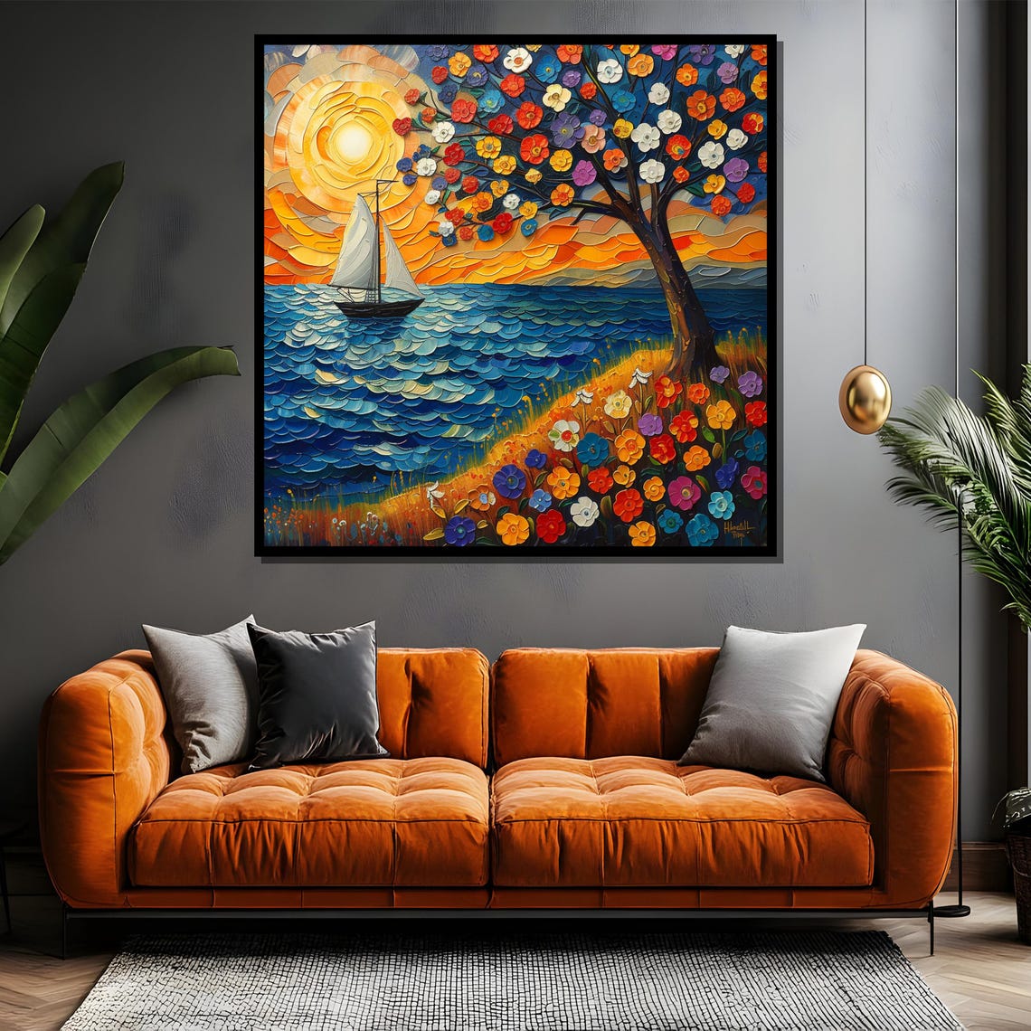 Colorful Floral Tree by the Sea With Sailboat Mosaic Style Poster - Image 4