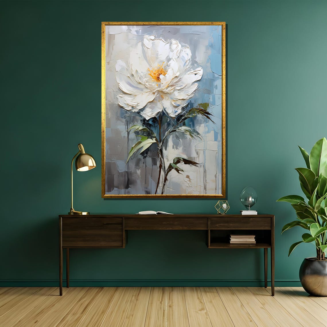 White Peony Thick Impasto Bloom Soft Gray Botanical Art Poster - Image 5