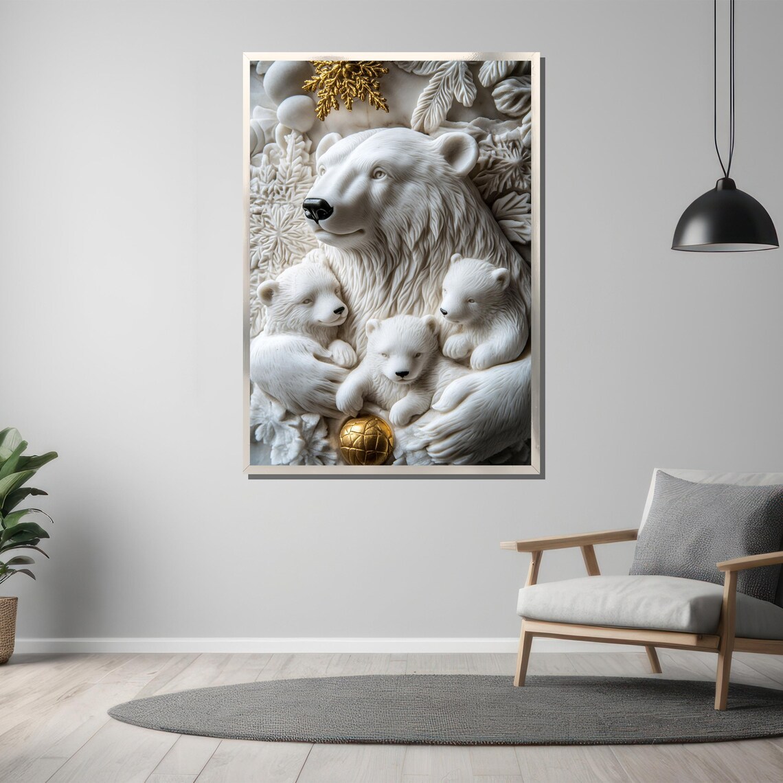 White Polar Bear Family With Gold Accents Sculptural Art Poster - Image 3
