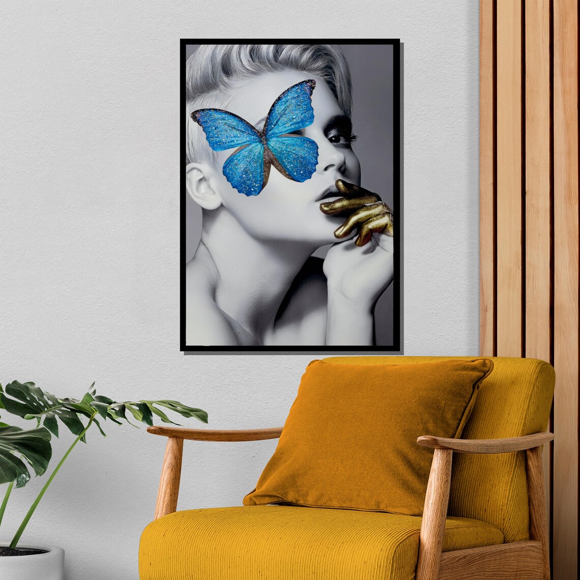 Modern Woman With Blue Butterfly Fashion Black And White Art Poster - Image 4