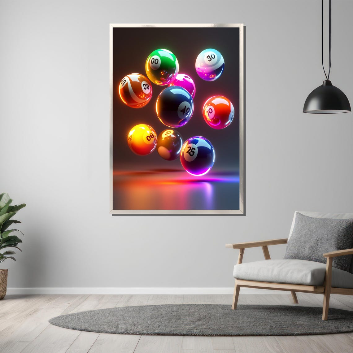 Neon Billiard Balls Glowing in Dark Futuristic 3D Art Poster - Image 3