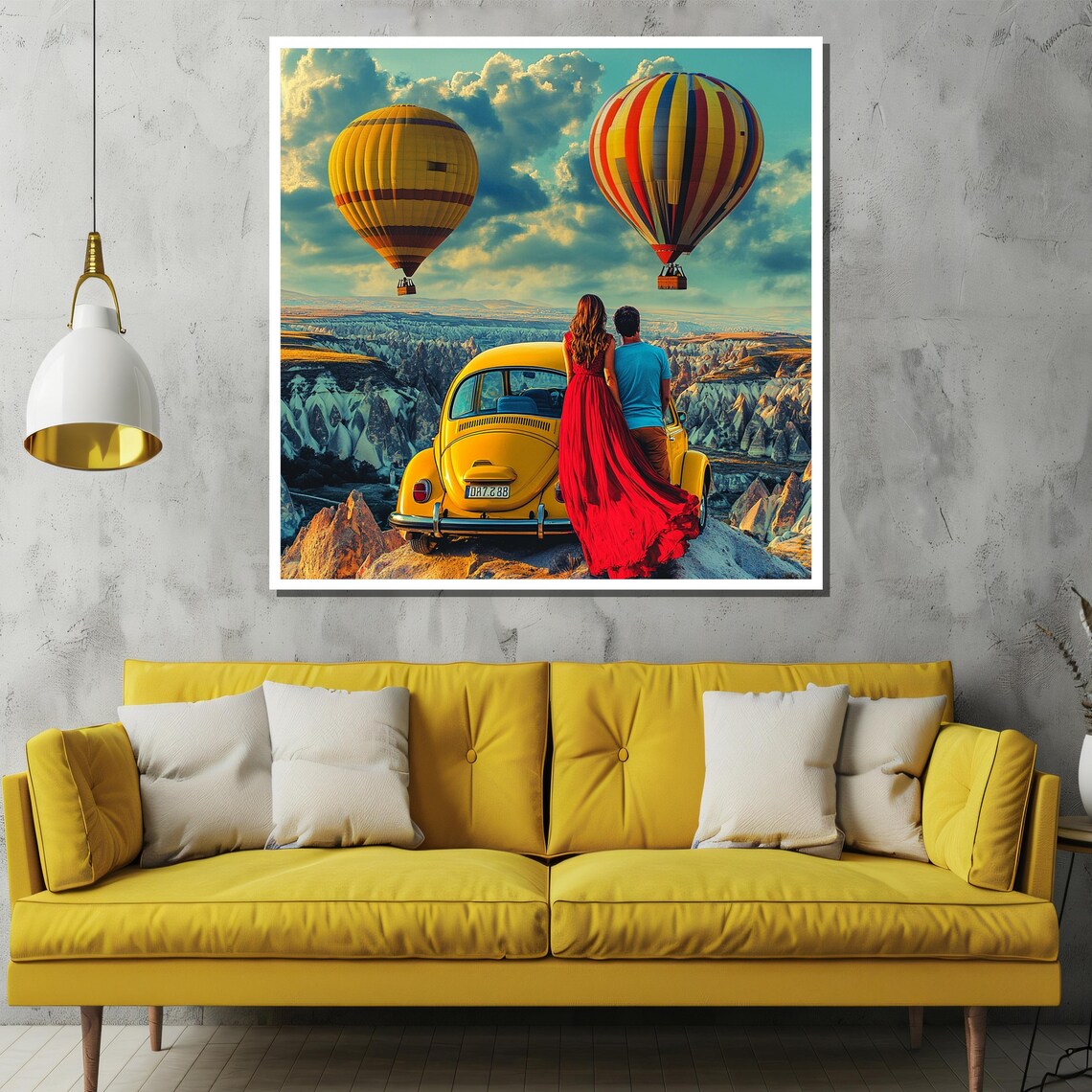 Couple By Yellow VW Beetle Cappadocia Balloons Adventure Art Poster - Image 2