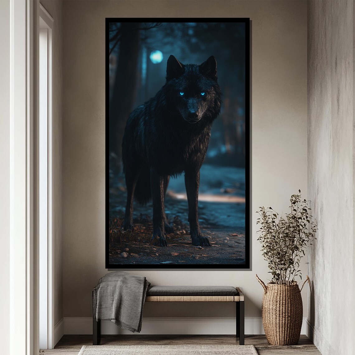 Midnight Howl Black Wolf With Glowing Blue Eyes in Dark Woods Poster - Image 4
