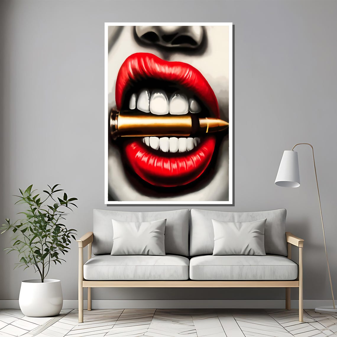 Red Lips Bullet Black White Edgy Pop Art Cinematic Elegant Poster - Image 2