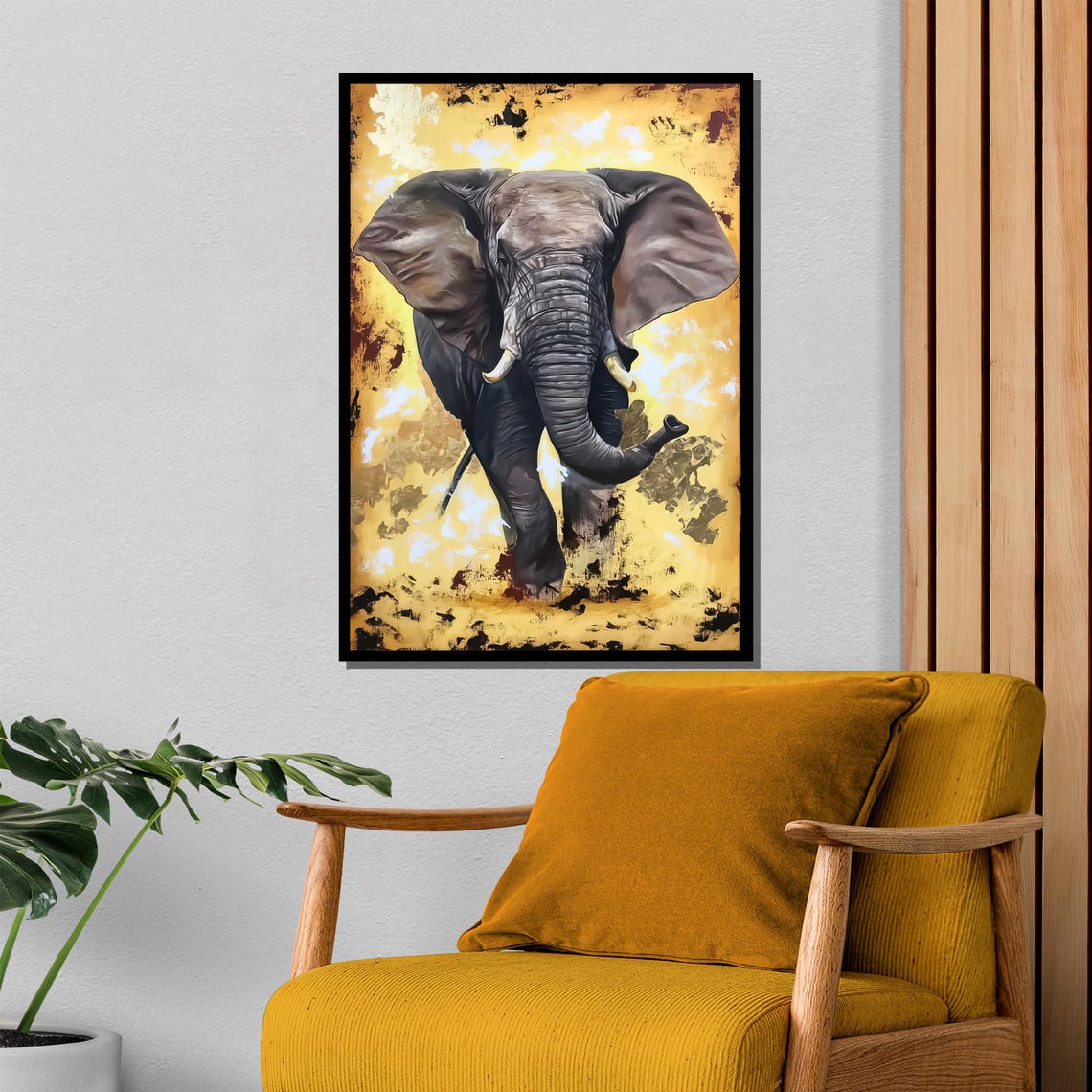 Powerful Charging Elephant On A Golden Abstract Backdrop Poster - Image 4