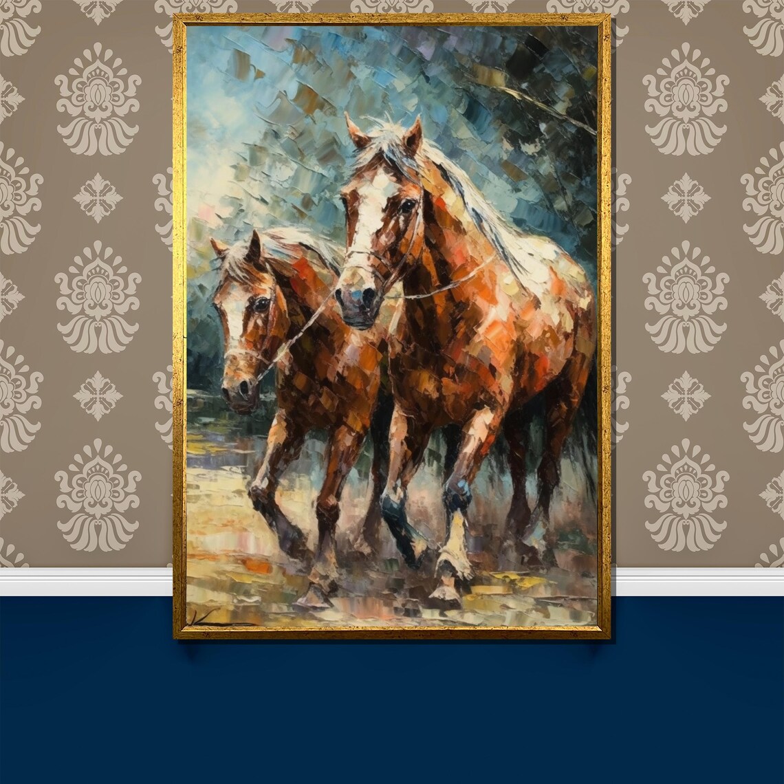 Two Chestnut Horses Running Together Textured Oil Art Poster