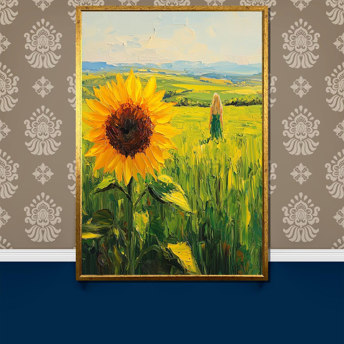 Sunflower Field Landscape With Woman Walking Summer Art Poster