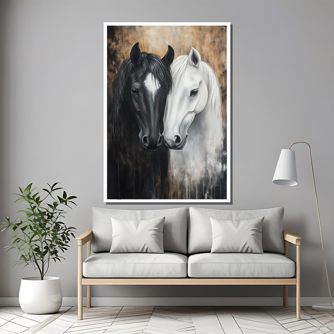 Black And White Horse Duo In Elegant Side By Side Portrait Poster - Image 2