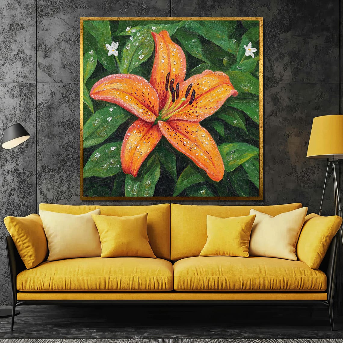 Orange Tiger Lily with Sparkling Dew Drops Among Green Leaves Poster