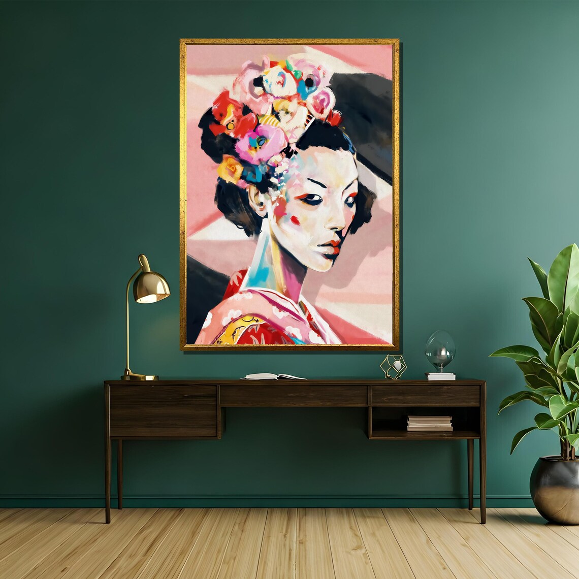Modern Geisha With Flower Hair Pink Kimono Painterly Art Poster - Image 5