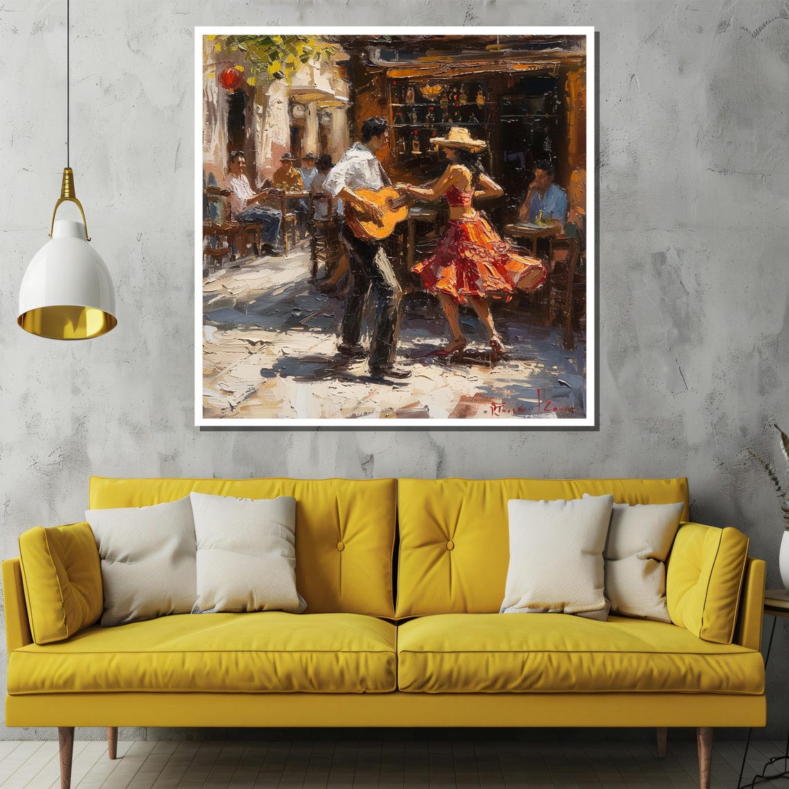 Sunlit Spanish Street Guitarist and Dancer Cafe Scene Art Poster - Image 2