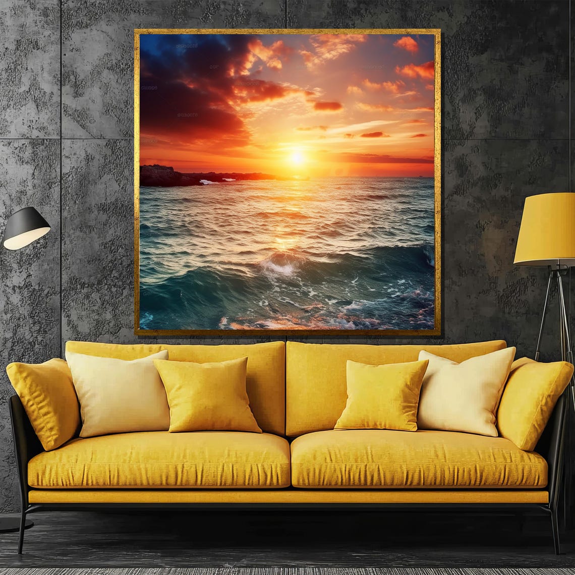 Fiery Ocean Sunset Golden Clouds Wave Seascape Painting Poster