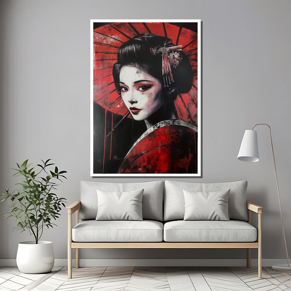 Red Geisha Portrait With Red Parasol Bold Japanese Elegant Art Poster - Image 2