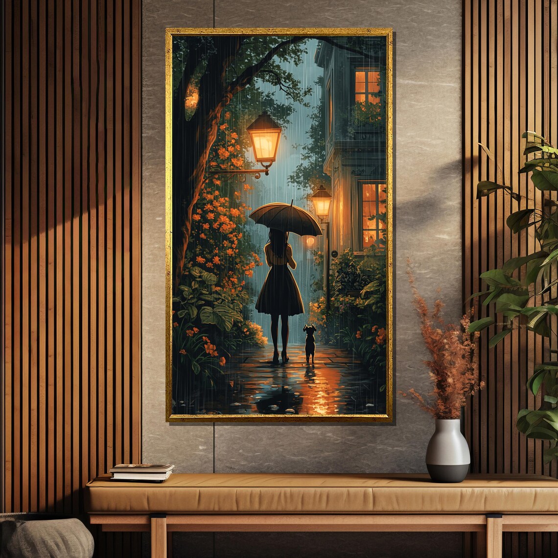 Rainy Night Street Girl With Umbrella And Dog Lamp Light Poster - Image 5