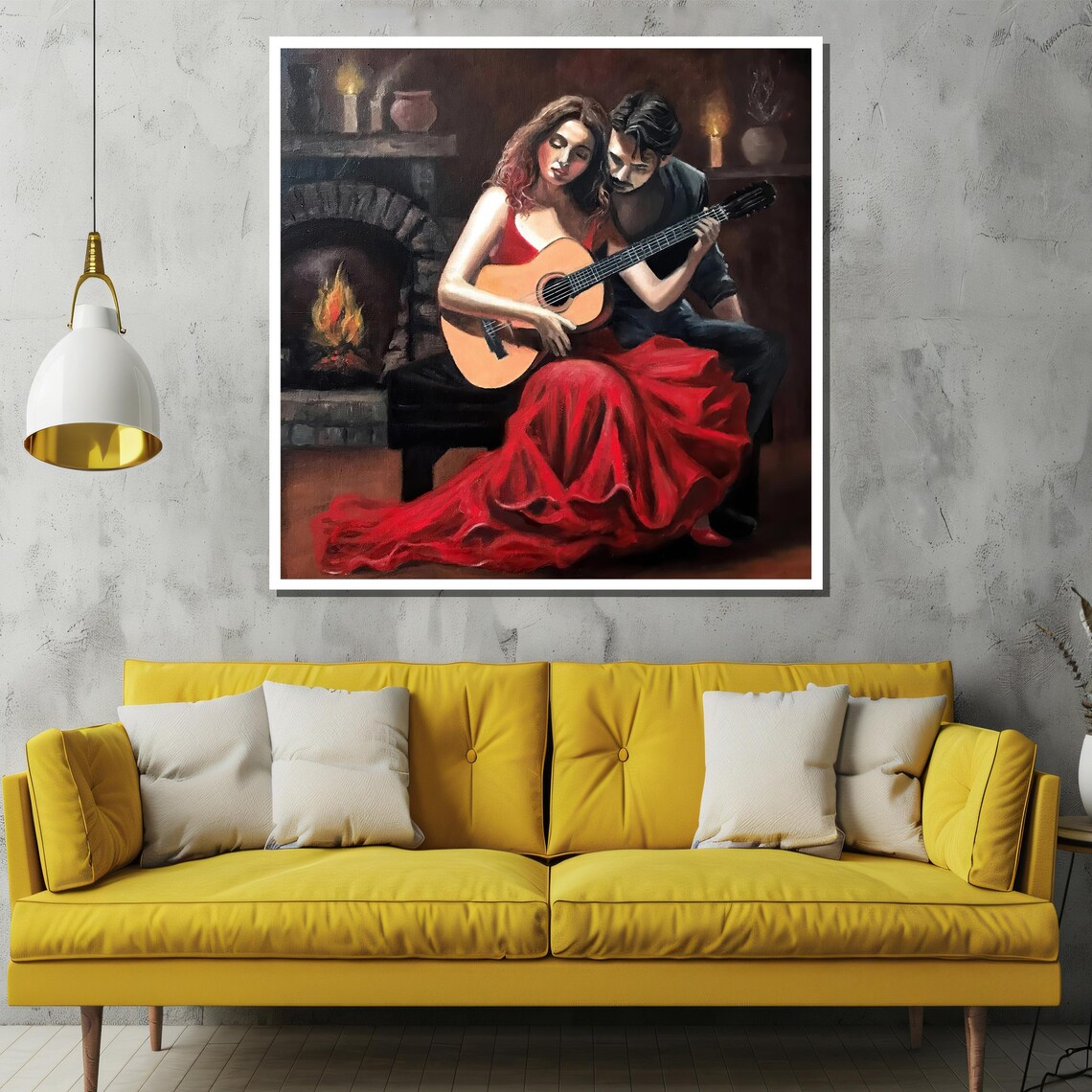 Romantic Guitar Serenade Couple By Fireplace Red Dress Poster - Image 2