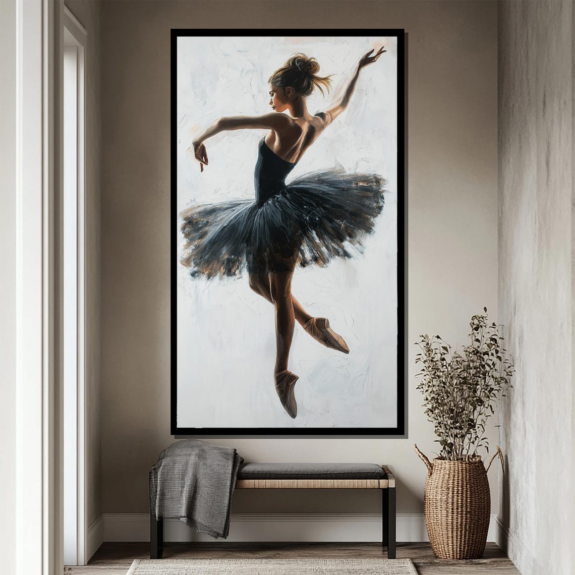 Ballerina In Black Tutu Mid Leap White Background Art Poster - Image 4