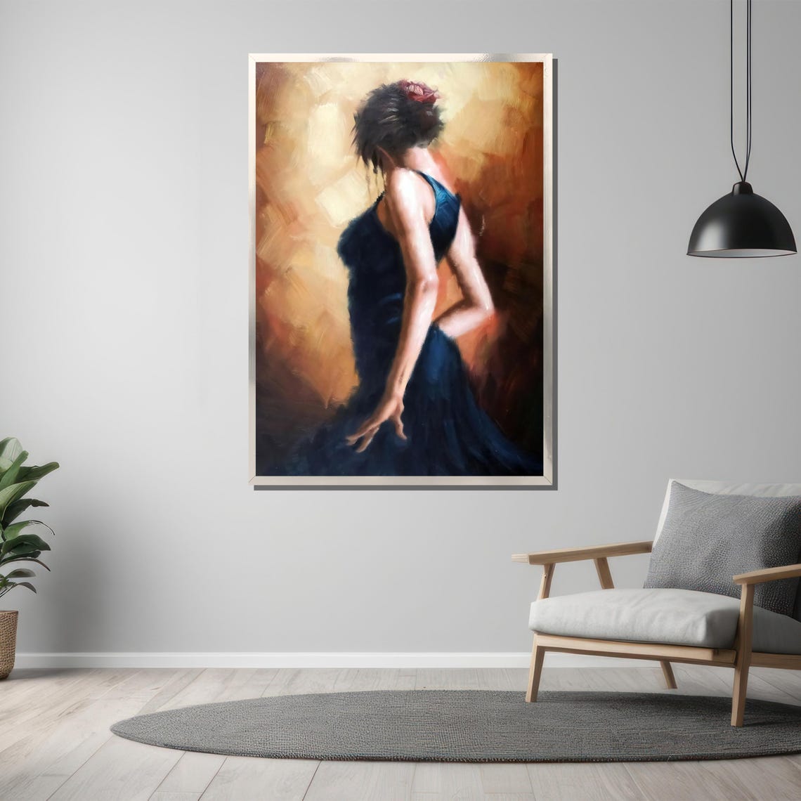 Woman In Navy Dress Warm Orange Abstract Elegant Romantic Art Poster - Image 3
