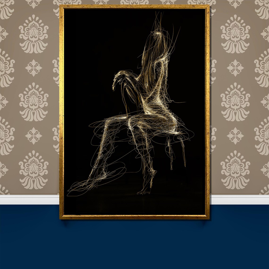 Abstract Gold Line Art Nude Silhouette on Black Background Poster