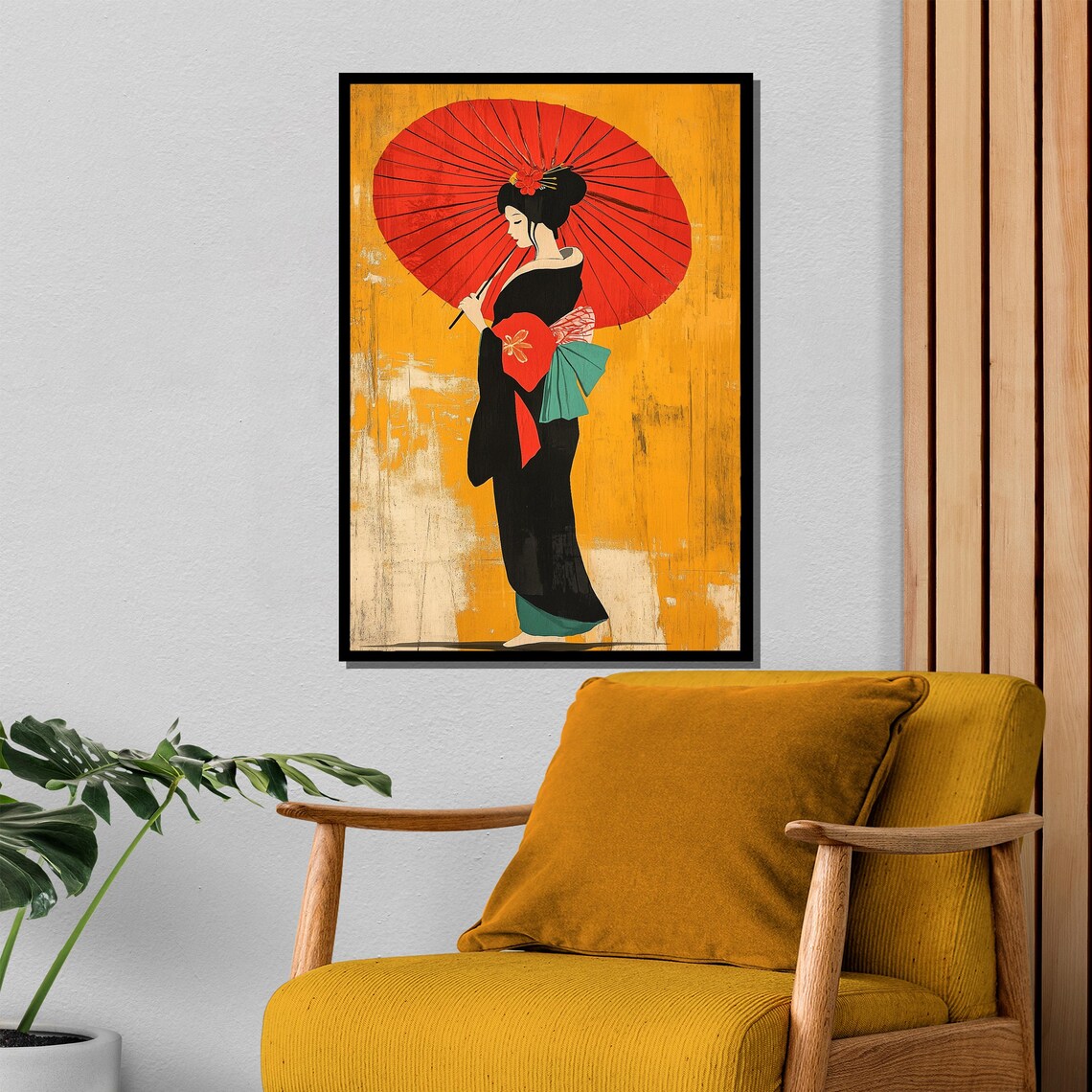 Vintage Geisha With Red Parasol On Ochre Japanese Art Poster - Image 4