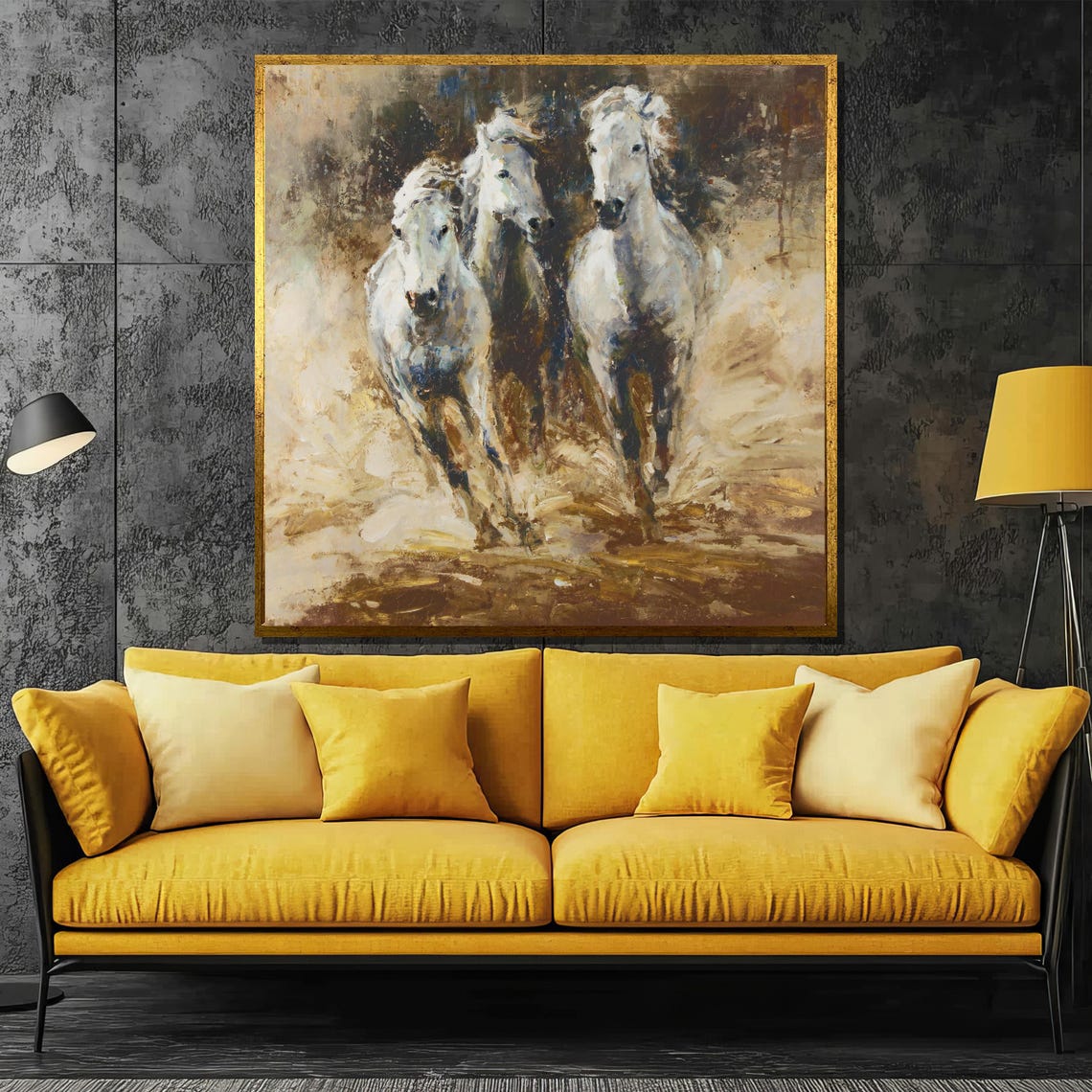 Two Wild White Horses Galloping Through Mist And Water Poster