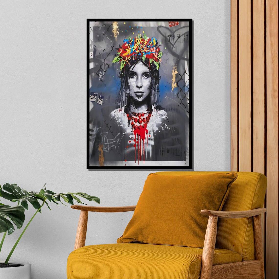 Flower Crown Graffiti Woman Red Necklace Urban Art Portrait Poster - Image 4