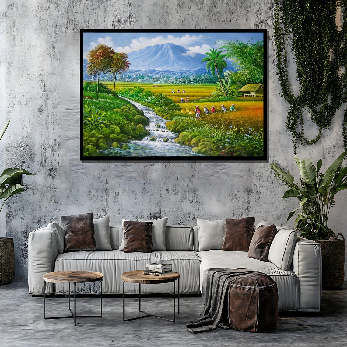 Tropical Rice Fields With Farmers and Volcano Mountain Painting Poster - Image 4