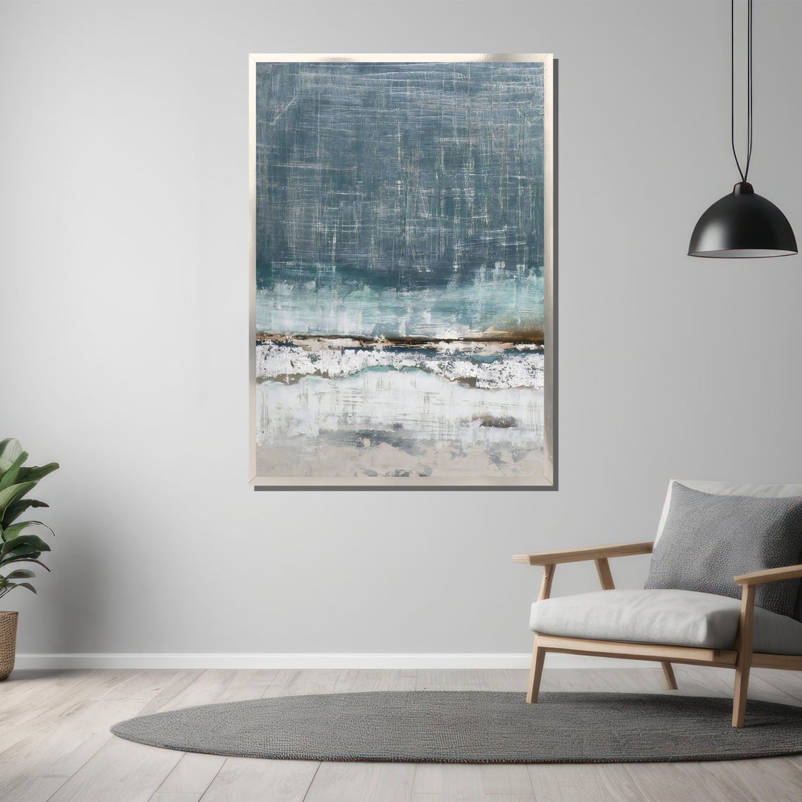 Textured Gray Blue Coastal Wave Abstract Scribble Modern Poster - Image 3
