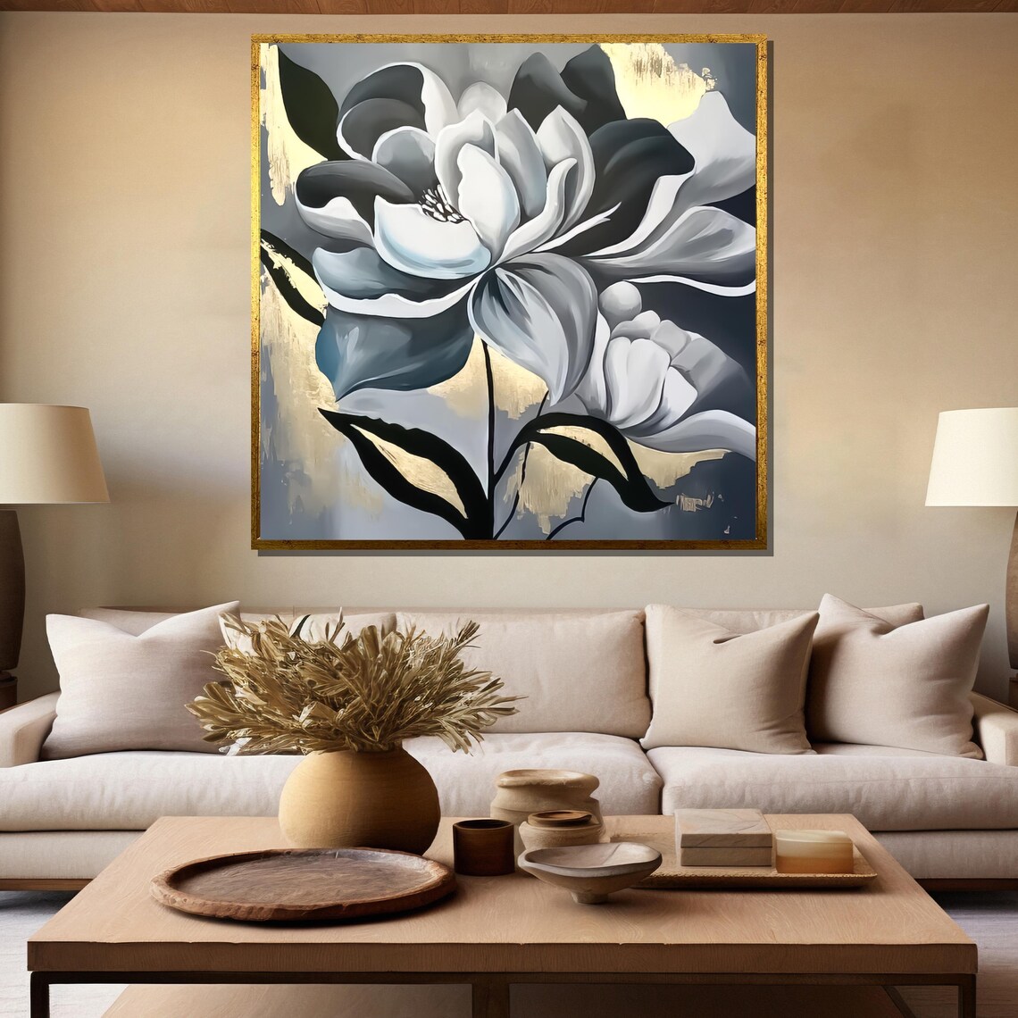 Monochrome Floral Bloom with Striking Gold Accents Art Poster - Image 5