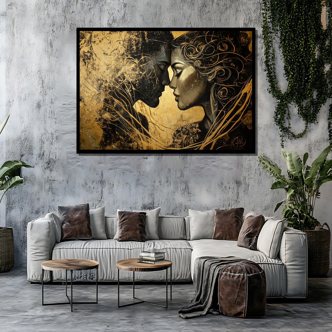 Golden Embrace Black Gold Romantic Couple Faces Art Nouveau Poster - Image 4