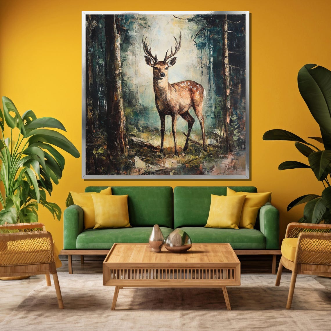 Majestic Stag Standing in a Misty Forest Vintage Painting Poster - Image 3